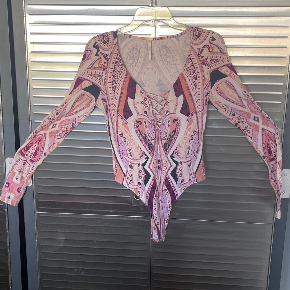 Free People Pink and Gray Patterned Bodysuit